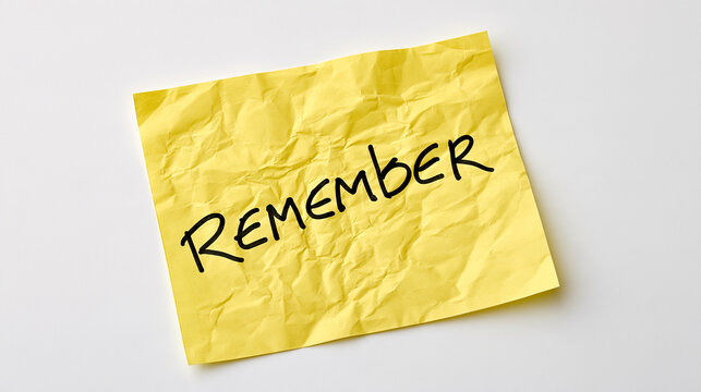 Yellow crumpled sticky note with the word "Remember" written in black marker on a white background. Concept for reminders.