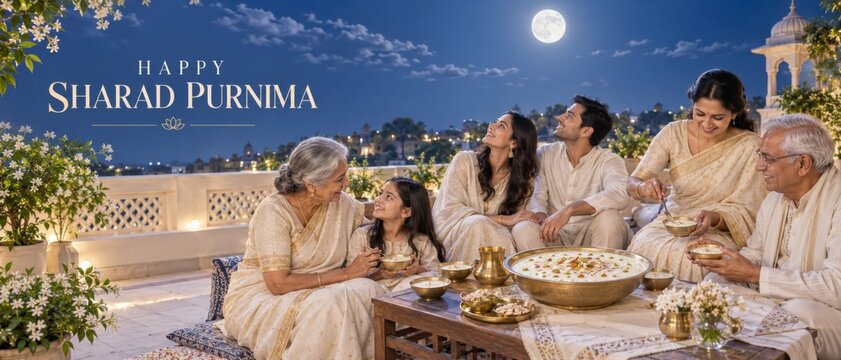 Sharad Purnima family celebration on moonlit terrace, with Indian relatives sharing festive food and traditional sweets; English greeting text Happy Sharad Purnima supports Hindu autumn harvest and পূ