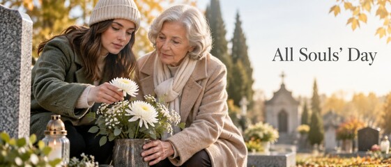 All Souls Day remembrance shows young woman and elderly woman placing white flowers beside cemetery grave, with English holiday lettering, autumn trees, candles, and peaceful memorial background for © dvoevnore