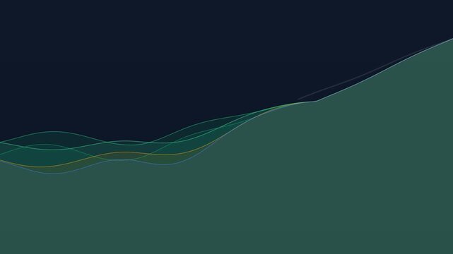 Abstract digital waveform animation with ascending trend and subtle wave fluctuations in dark teal and navy blue