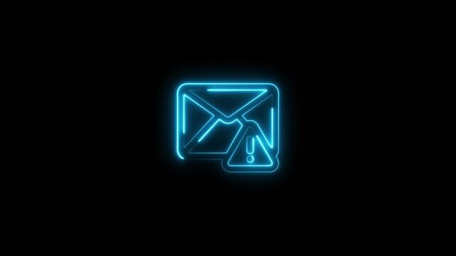 glowing blue neon email letter symbol with warning hazard triangle icon animation for digital spam alert stock video background loop
