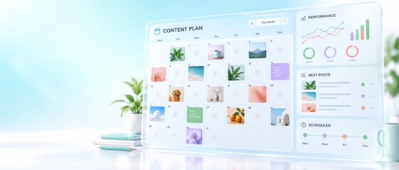 Content management app dashboard displayed on laptop screen, showing social media calendar, scheduled posts, analytics charts, and colorful thumbnails, with plant, books, and copy space for marketing © dvoevnore
