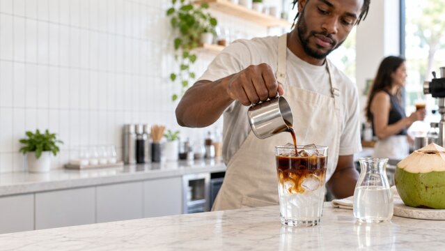 Barista pours dark coffee over ice in glass beside fresh green coconut, creating coconut water americano drink concept in bright modern cafe with copy space for menu, hospitality, beverage, and social