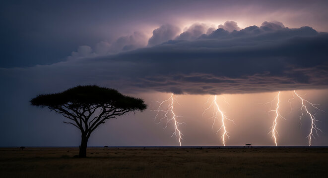 dramatic thunderstorm with lightning over a savanna at dusk with acacia trees
