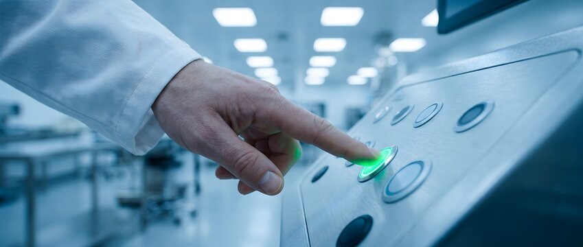 Medical technician finger pressing green start button on laboratory machine.