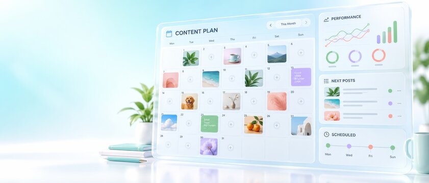Content management app dashboard displayed on laptop screen, showing social media calendar, scheduled posts, analytics charts, and colorful thumbnails, with plant, books, and copy space for marketing
