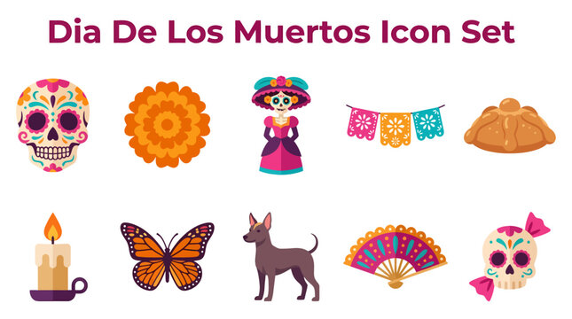 Set of colorful Dia de los Muertos icons featuring traditional Mexican holiday symbols and decorations.