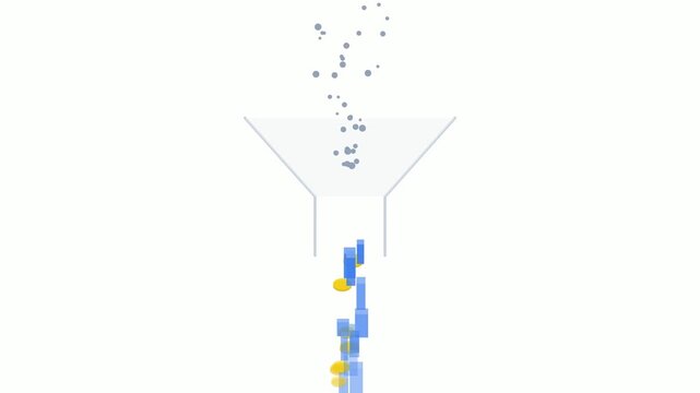 Abstract data sorting and filtering process funnel animation with blue and yellow blocks conceptual digital flow