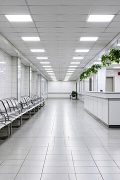 empty modern hospital corridor with waiting chairs