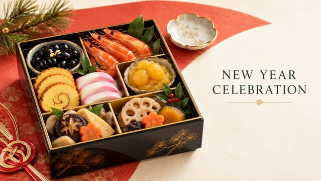 Japanese New Year celebration with traditional osechi cuisine, shrimp, black beans, vegetables, and decorative pine branches arranged beside greeting text on elegant red and cream festive background