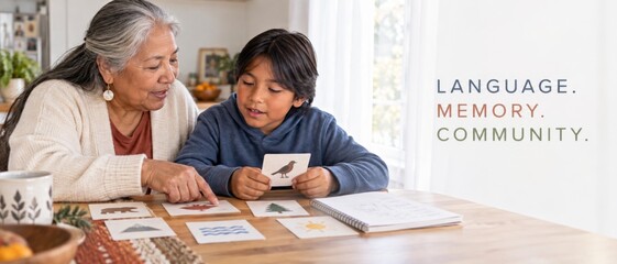 Indigenous grandmother and grandson share language learning activity with illustrated cards at home, alongside English text Language Memory Community, supporting Native American Heritage Month, family © dvoevnore