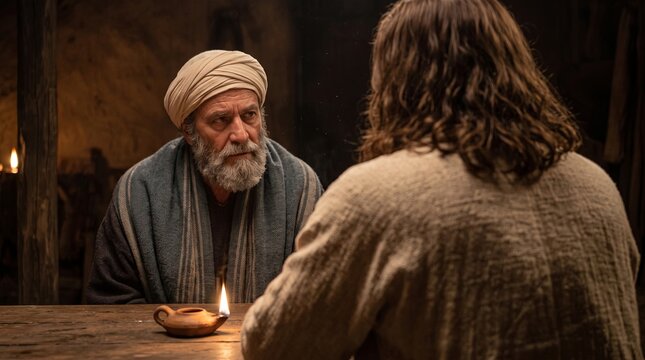 Jesus Christ Discusses Being Born Again with Nicodemus at Night in a Dimly Lit Room with Oil Lamp