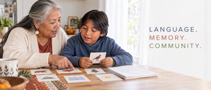 Indigenous grandmother and grandson share language learning activity with illustrated cards at home, alongside English text Language Memory Community, supporting Native American Heritage Month, family