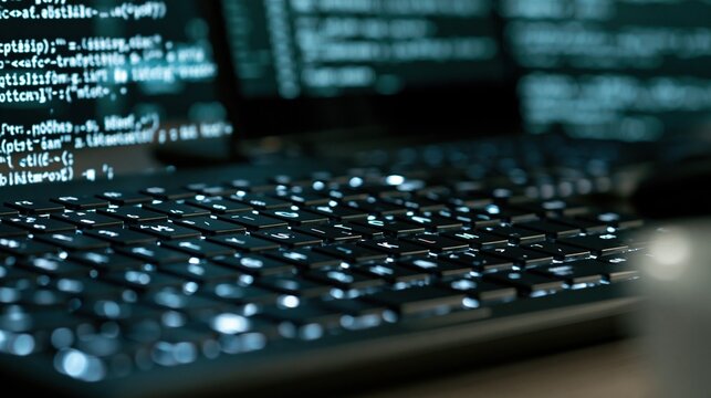 close up laptop keyboard with code screen background