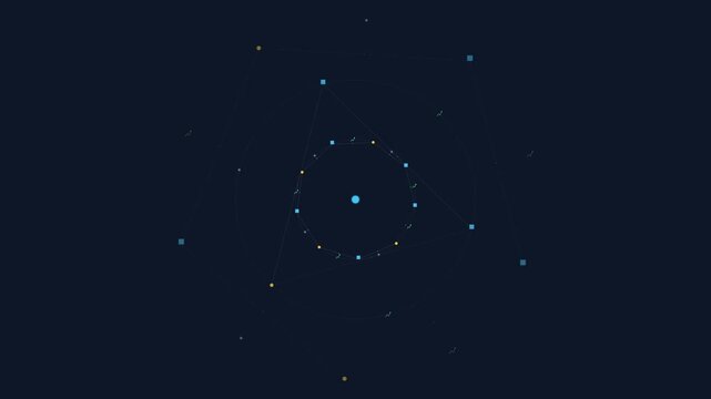 Abstract glowing particles forming a circular galaxy pattern on dark background animation
