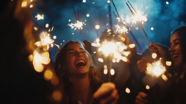 Joyful Friends Celebrating with Sparklers at Night