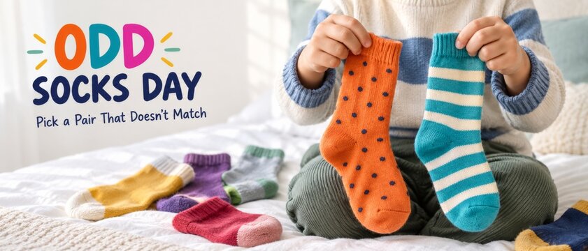 Odd Socks Day concept showing child holding mismatched orange and turquoise socks beside colorful pairs on bed, with playful campaign lettering, supporting inclusion, self expression, charity, and fun