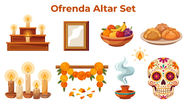 Set of traditional elements for a Mexican Day of the Dead Ofrenda altar.
