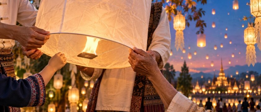 Yi Peng Lantern Festival celebrated at dusk with people releasing glowing sky lantern, traditional Thai clothing, illuminated temple, and warm reflections creating cultural travel background with copy