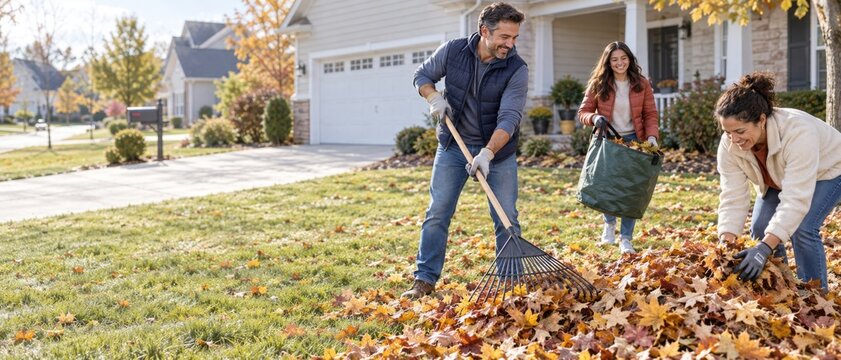 Autumn family yard cleanup with man and women raking fallen leaves outside suburban home, seasonal outdoor lifestyle scene with teamwork, gardening tools, warm sunlight, and residential background
