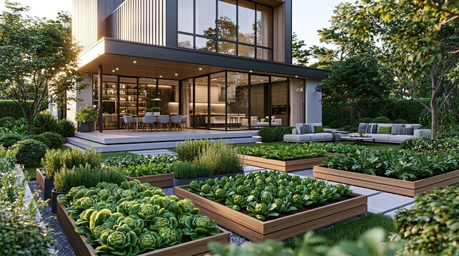 Modern house with raised vegetable garden beds in
