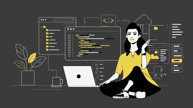 Female Developer Working on Laptop with Programming Code, Web Development Interface and Modern Technology Background