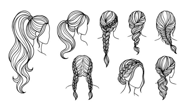 Abstract Female Ponytail and Braided Hairstyles Outline Vector Collection