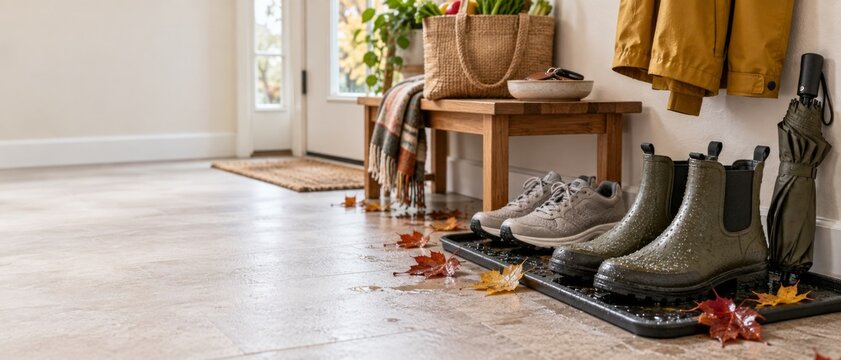 Autumn fall lifestyle entryway with rain boots, sneakers, umbrella, coats, woven basket, bench, scattered leaves, and warm natural light, offering seasonal home organization and copy space for banner