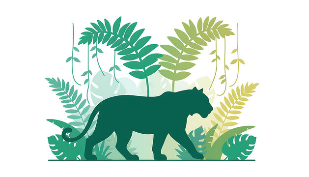Flat vector illustration of a tropical rainforest jungle landscape featuring a majestic tiger silhouette and exotic tropical foliage leaves isolated on a white background.
