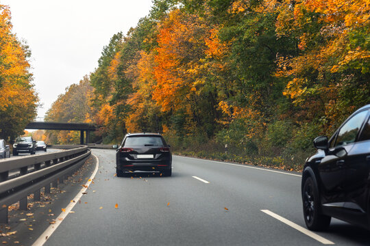 Back scenic view black family car driving highway road through bright autumnal golden red orange nature foliage forest trees. Scenery fall season driveway vehicle. Drive auto safety
