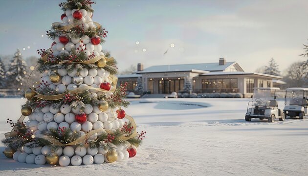 Christmas tree made of golf balls standing on a snow-covered golf course in front of a modern clubhouse and golf carts. Festive concept for winter golf tournaments.