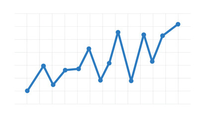 Fototapeta premium Fluctuating line chart showing an upward trend of growth and recovery on a clean white grid background.