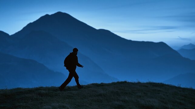 Silhouette of lone hiker traversing grassy ridge against