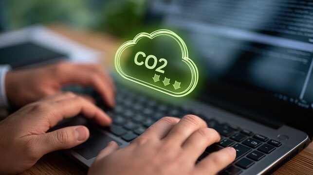 Hands typing laptop with glowing green co2 cloud