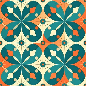 Seamless mid century modern geometric floral pattern in teal orange and cream vector background