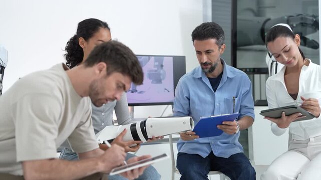 Diverse robotics team reviewing a bionic arm prototype in a modern research lab, engineer hands the white robotic forearm across while colleagues take notes