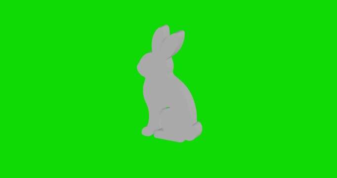 Animation of rotation of a white rabbit symbol with shadow. Simple and complex rotation. Seamless looped 4k animation on green chroma key background