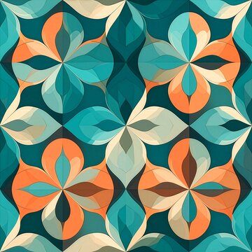 Seamless mid century modern geometric floral pattern in teal orange and cream vector background