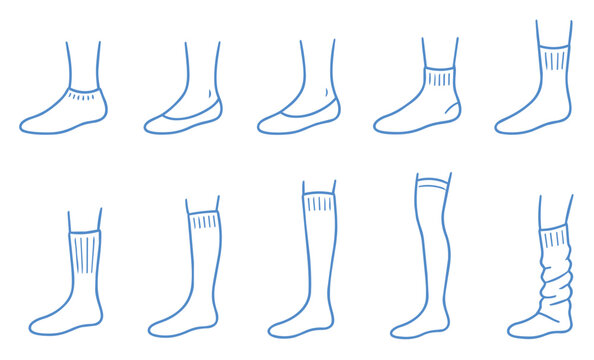 socks靴下の丈・長さバリエーション解説イラスト10種セット（ソックス, ファッション, 図解, サイズガイド, 線画, ベクター, 素材） / Sock length variation guide line art vector set