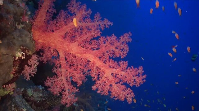 close up of a pink soft coral and orange anthias fish on coral wall in the Red Sea with blue ocean in the background