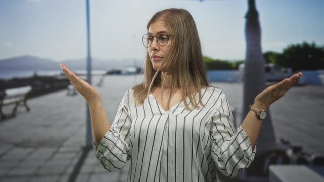 Woman with blonde hair wearing glasses with raised hands shrug gesture on street; uncertainty.