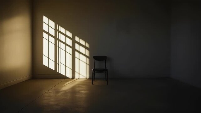 Empty Room, Wooden Chair, Window Light, Sunlight, Long Shadows, Minimalist Interior Architecture