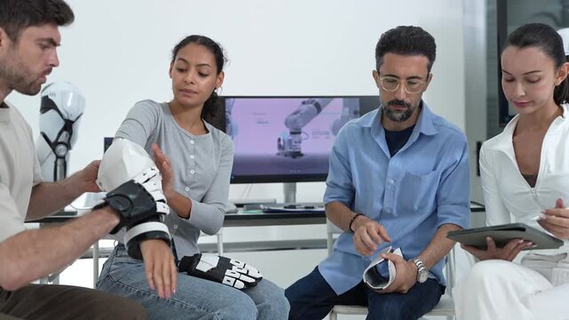 Bionic arm fitting in a robotics lab, engineers measure a young woman's forearm with calipers before strapping on the robotic prosthetic hand