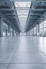 Fototapeta premium Spacious modern warehouse interior with steel trusses and