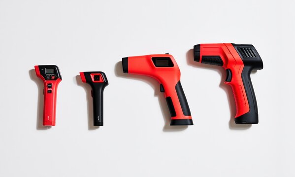 Four red and black infrared thermometers on white