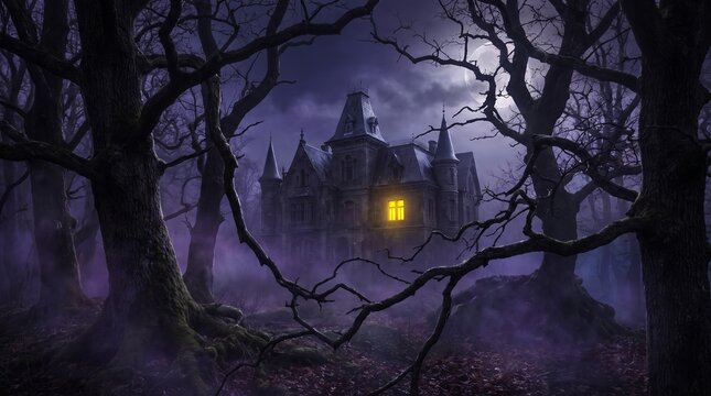 Gothic castle framed by bare trees in moonlit forest with illuminated window