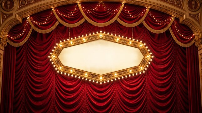 Theater stage with red velvet curtains and illuminated marquee sign