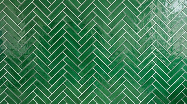 Green herringbone tiled wall in close-up with natural light