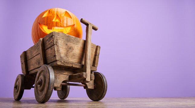 Carved pumpkin in wooden wagon with halloween theme on purple background