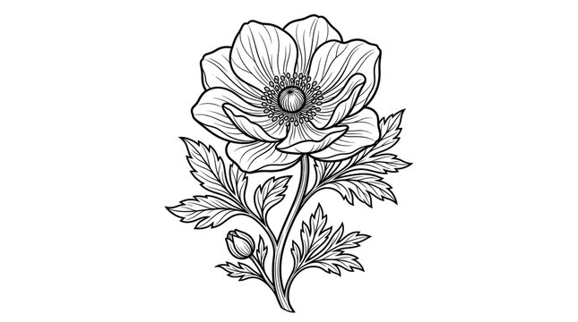 Vintage anemone flower line art, botanical floral sketch on white background, elegant hand drawn poppy blossom for wedding invitations and branding